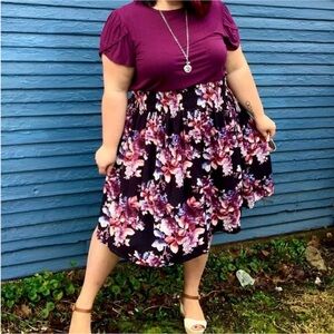 Lularoe Sophia Ruffle Smock Skirt Black Purple Pink White Floral Size XL 18-20